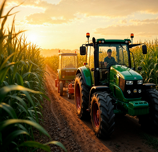Modern tractor in agricultural field at sunset