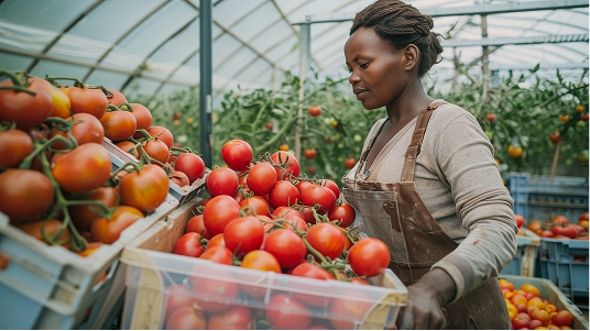 Female farmer harvesting fresh red tomatoes in greenhouse